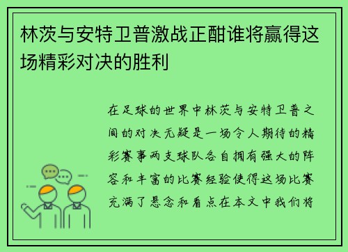 林茨与安特卫普激战正酣谁将赢得这场精彩对决的胜利